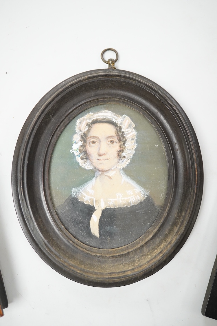 Three early to mid 19th century Portrait miniatures comprising: One of a lady, Maria Spencer, and two portraits of gentlemen, one depicting Mr John Child of Surrey, watercolours on card, largest, 9 x 8cm, each framed